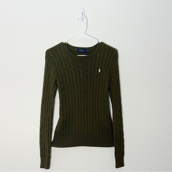 (Sold) Polo Ralph Lauren Olive Green Khaki Sweater Cable Knit Cotton Crewneck - Picture 3 of 10